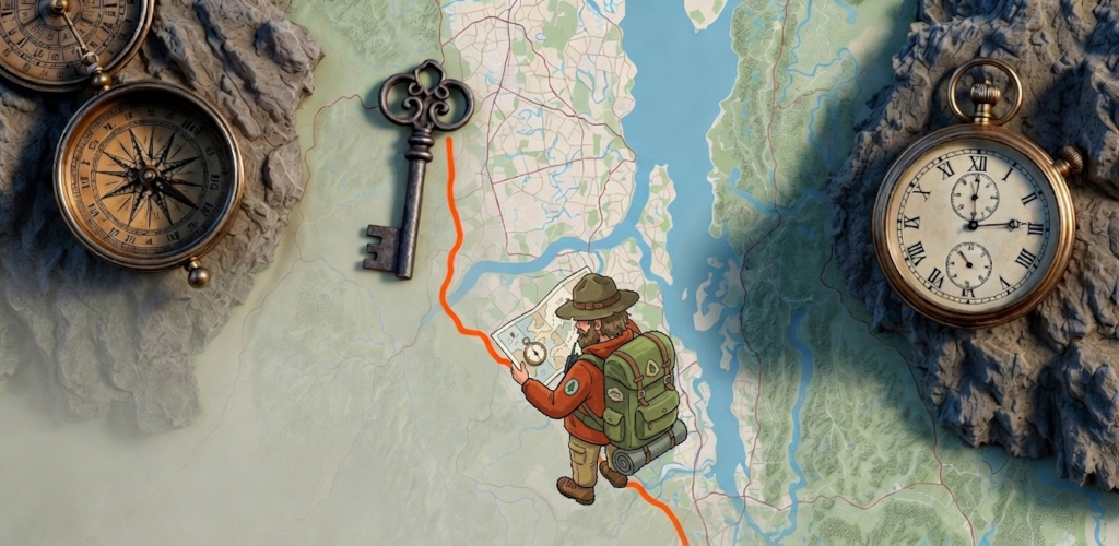 Illustrated treasure map with compass, pocket watch, an ornate brass key, and a hooded explorer reading a map along a trail marked in orange.